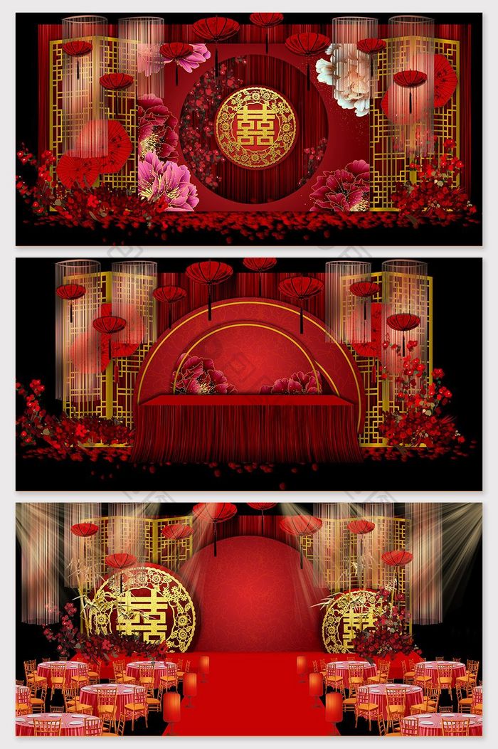 新中式喜庆红色婚礼舞台效果图