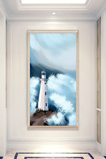 手绘油画灯塔海面大海海浪玄关装饰画图片