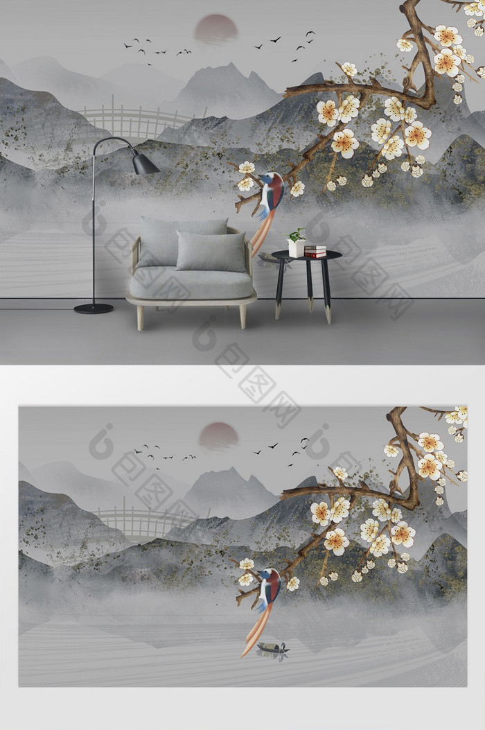 新中式花鸟山水画背景墙壁画