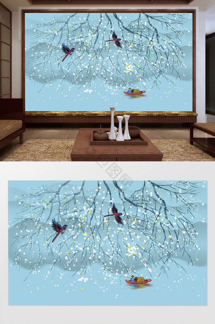 中式手绘花鸟山水画背景墙图片
