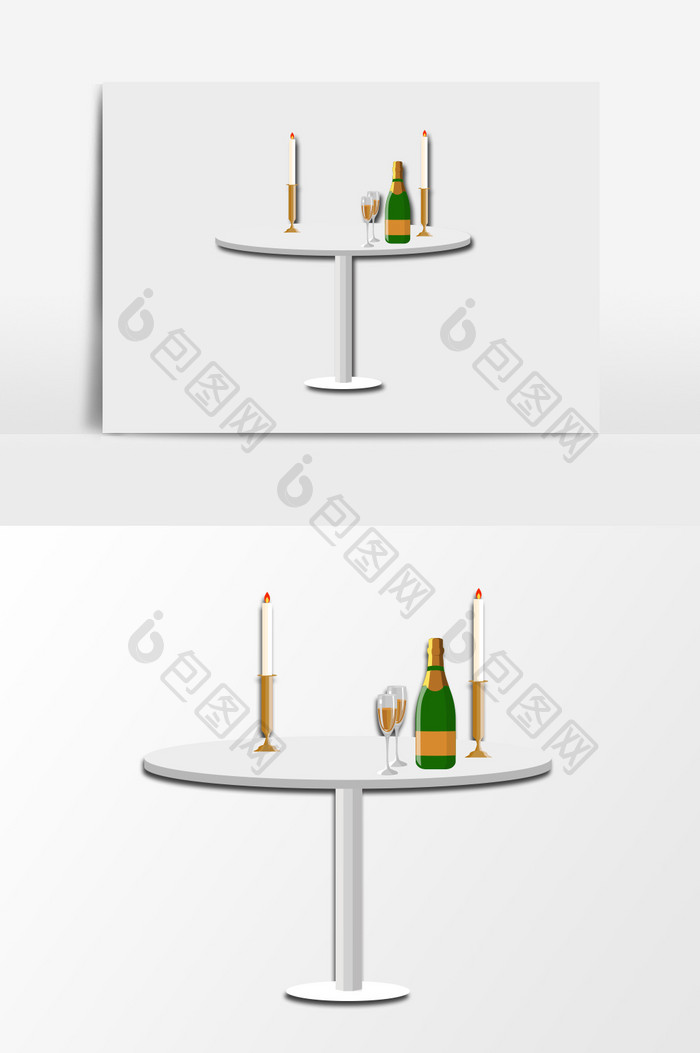 手绘圆桌上的蜡烛和酒插画元素