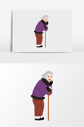 手绘拄拐杖的老人插画元素图片