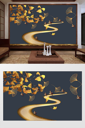 中式秋天银杏落叶小鸟背景墙图片
