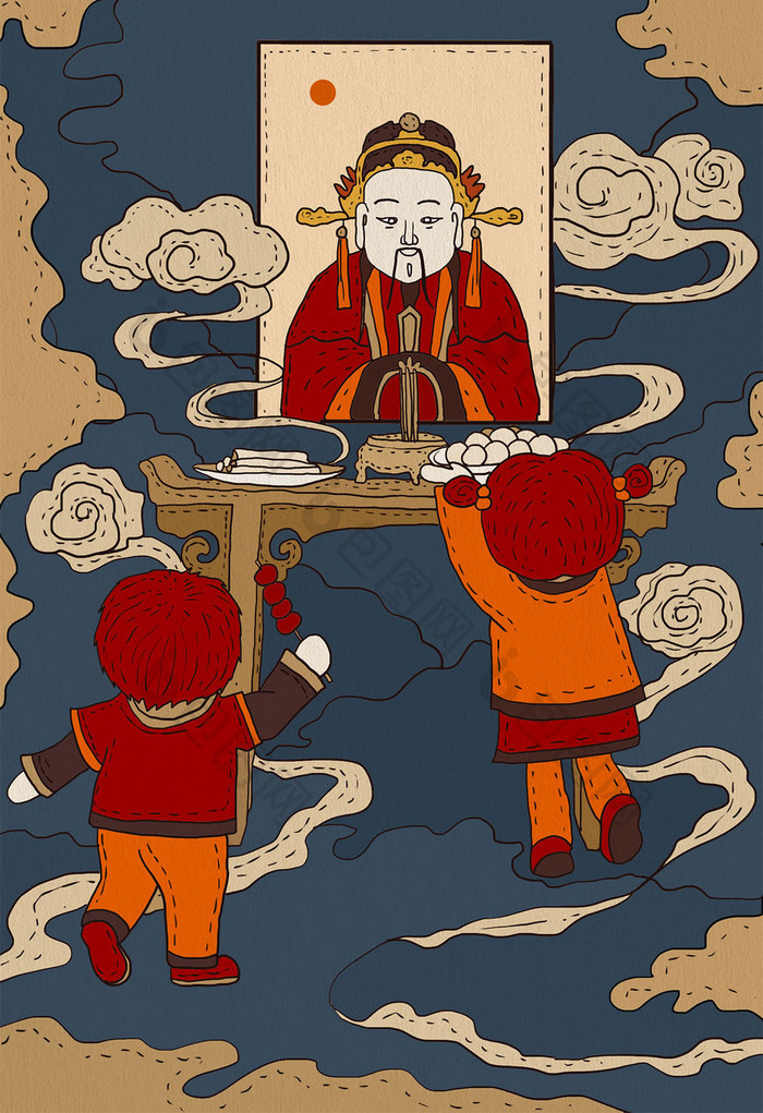 蓝色复古祭灶神中国文化插画