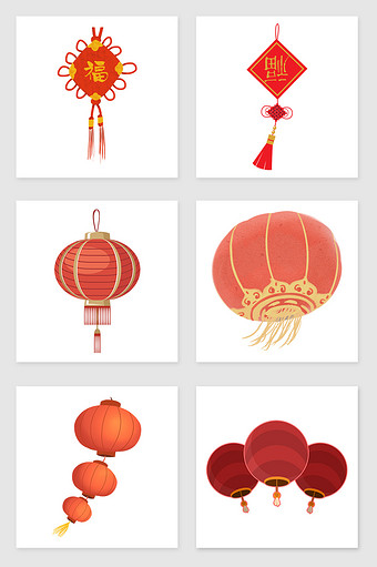 手绘灯笼和中国结套图插画元素图片