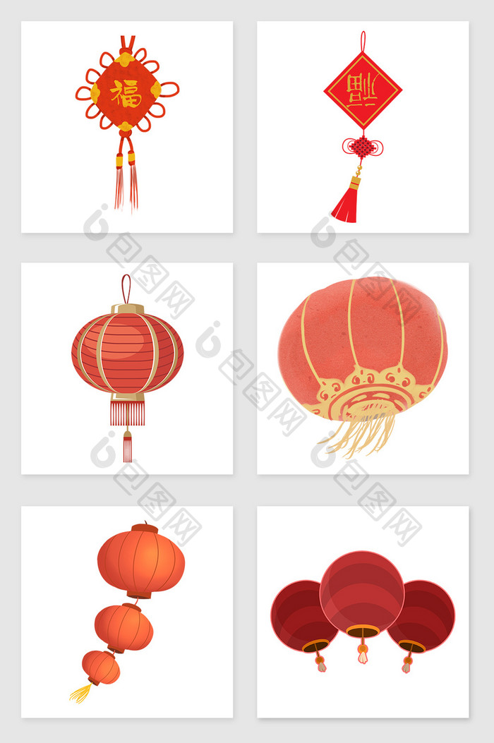 手绘灯笼和中国结套图插画元素