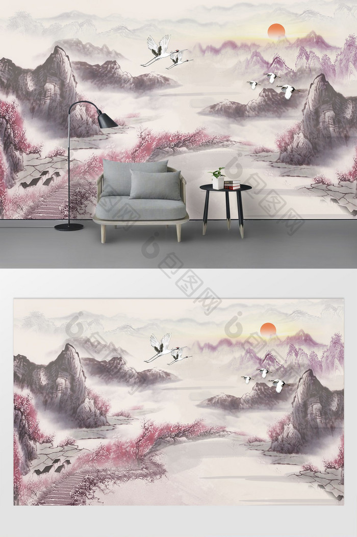中国风国画山水白鹤背景墙