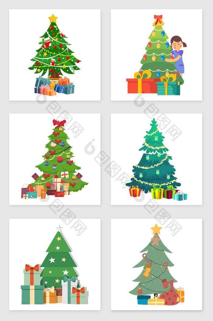 手绘圣诞树和礼物套图插画元素