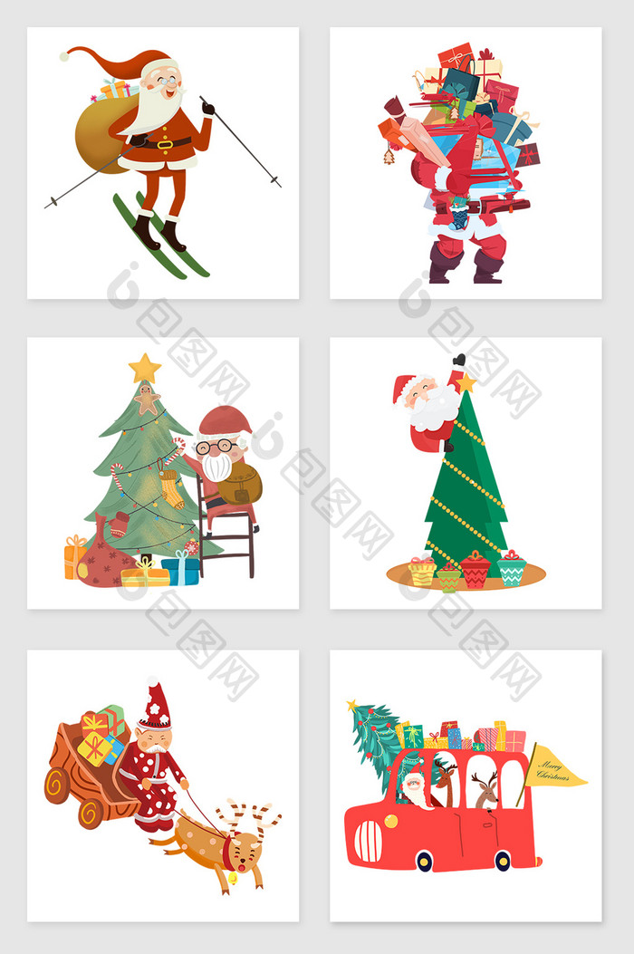 手绘圣诞老人和礼物套图插画元素