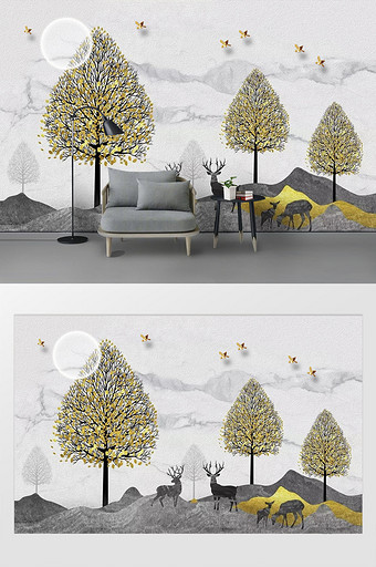 现代时尚个性金色树麋鹿月亮鸟油画背景墙图片