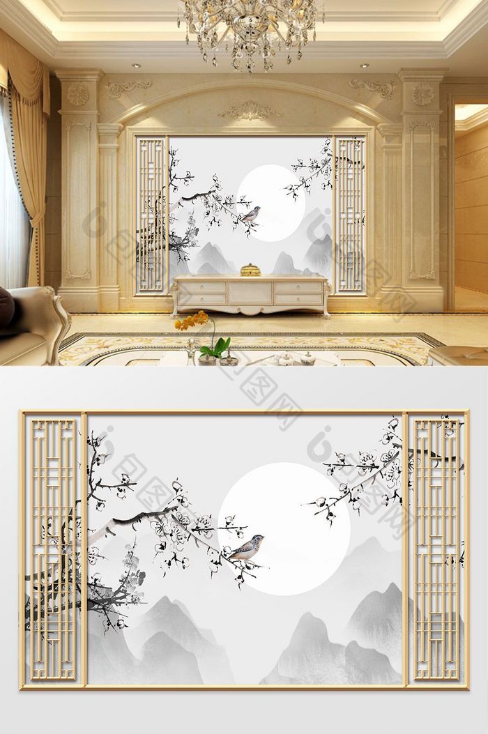 新中式工笔手绘山水花鸟中式边框背景墙