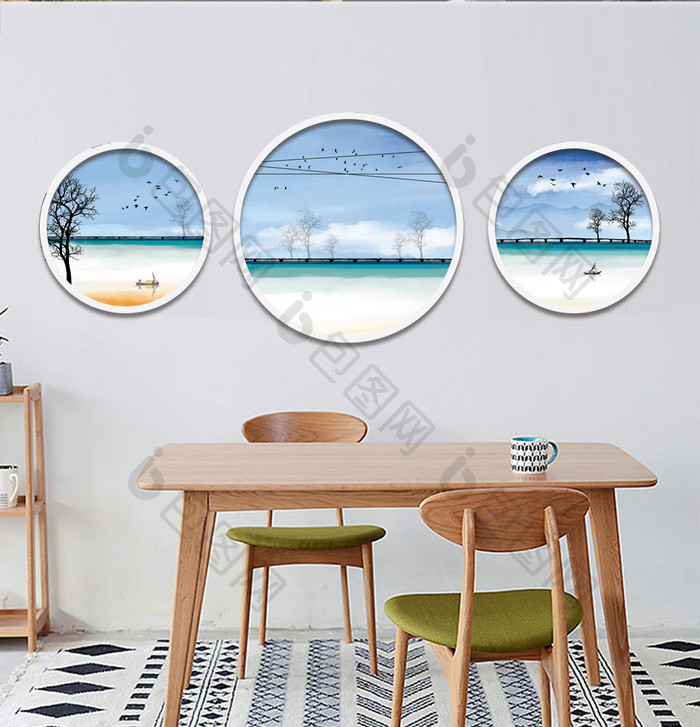 现代时尚蓝色海边风景树鸟客厅圆形装饰画
