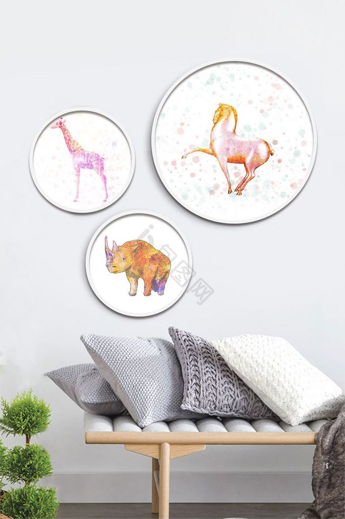 圆形动物犀牛长颈鹿马手绘风格现代装饰画图片