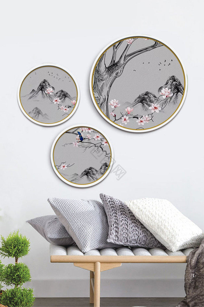 新中式手绘山水风景粉色花枝鸟客厅装饰画图片
