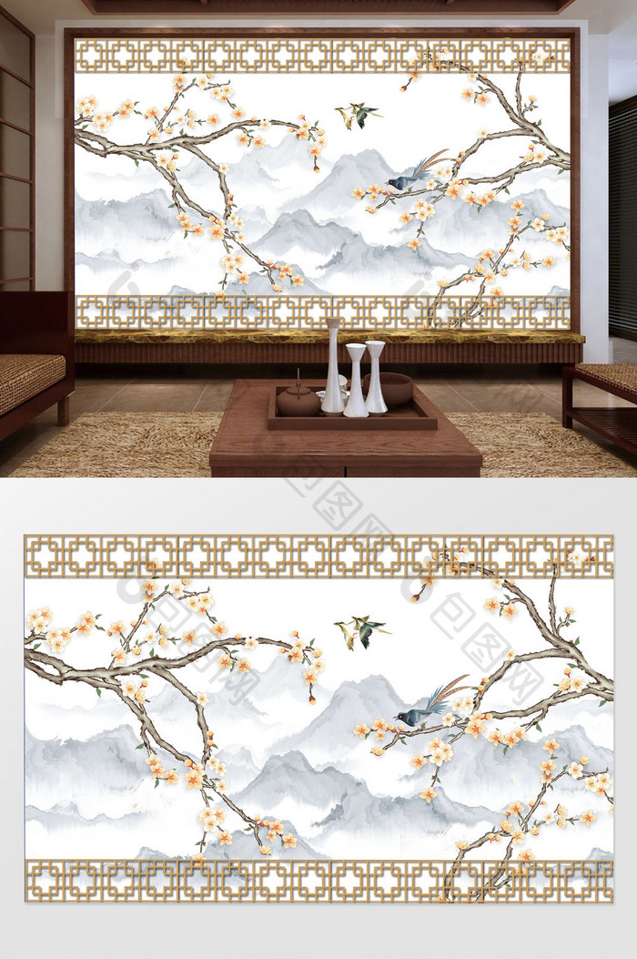 新中式手绘工笔简笔花卉山水植物背景墙