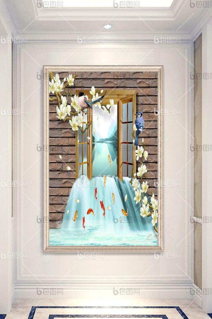 【中式唯美山水画鲤鱼花卉花鸟玄关装饰画】图片下载-包图网