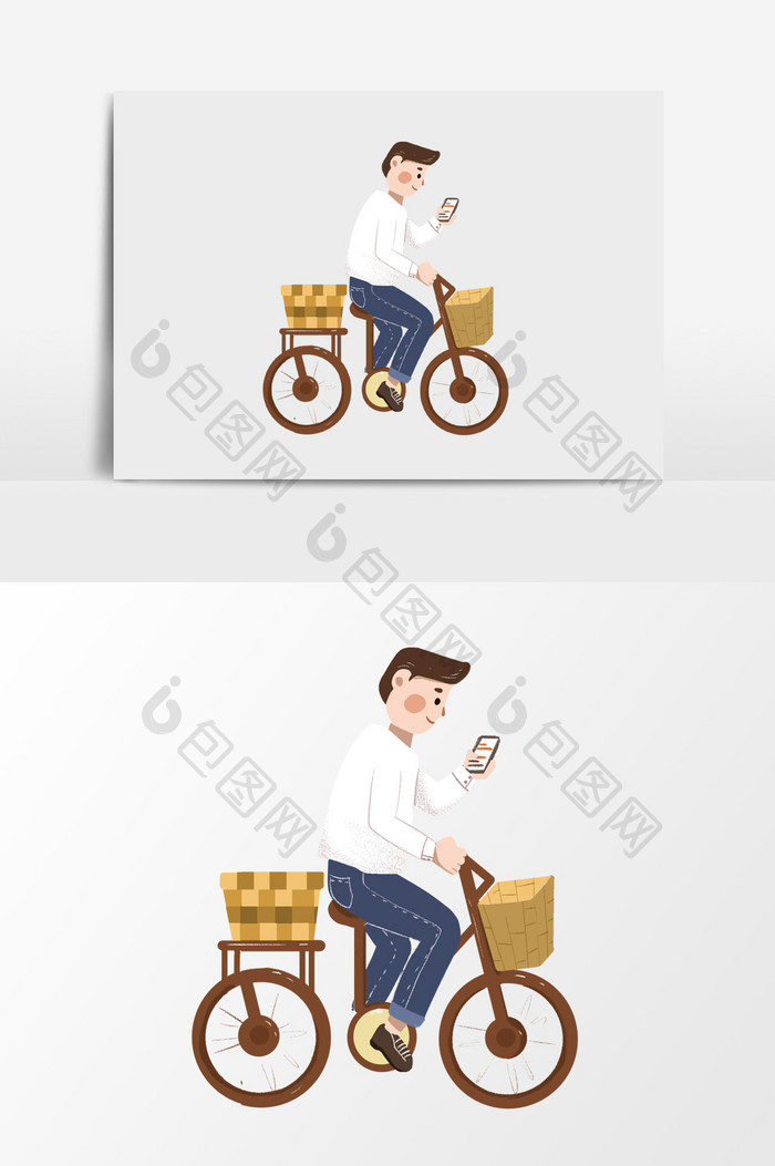 手绘骑车看手机的男人插画元素
