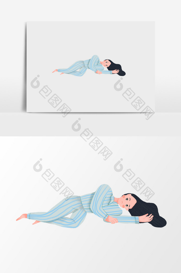 手绘躺着的穿病号装的女孩插画元素