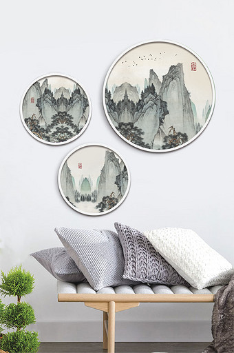 中国风山水风景复古大气三联圆形客厅装饰画图片