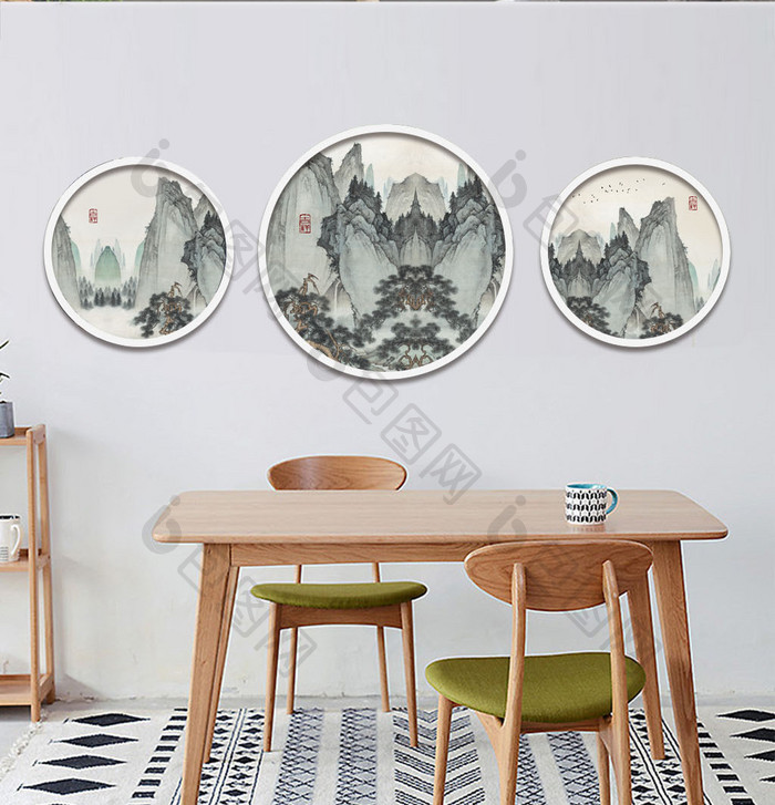 中国风山水风景复古大气三联圆形客厅装饰画