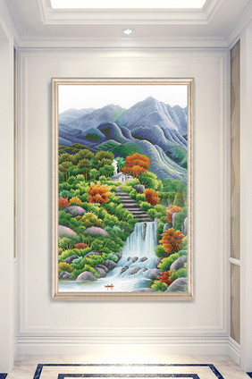 山水瀑布风景油画玄关装饰画