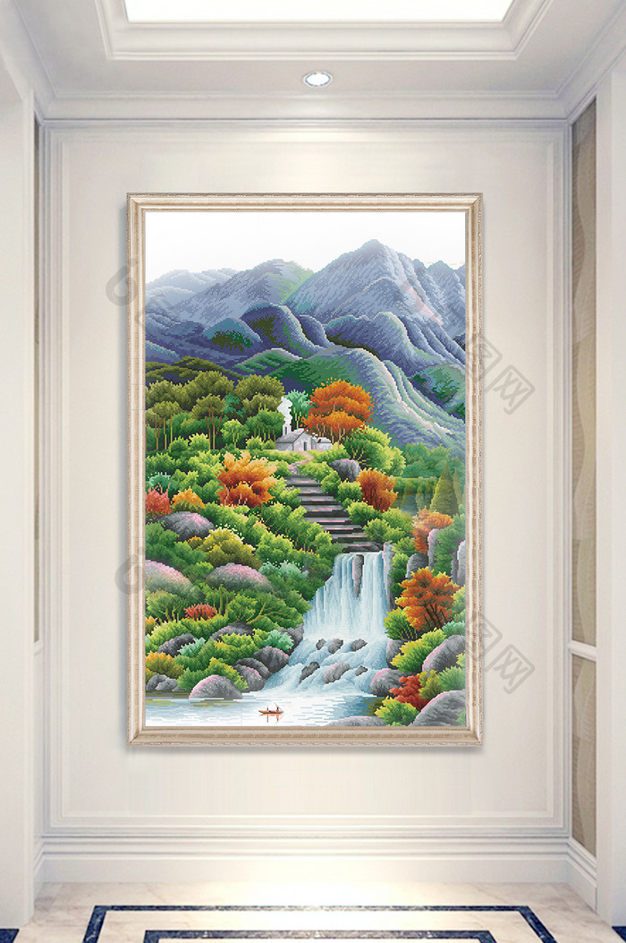 山水瀑布风景油画玄关装饰画