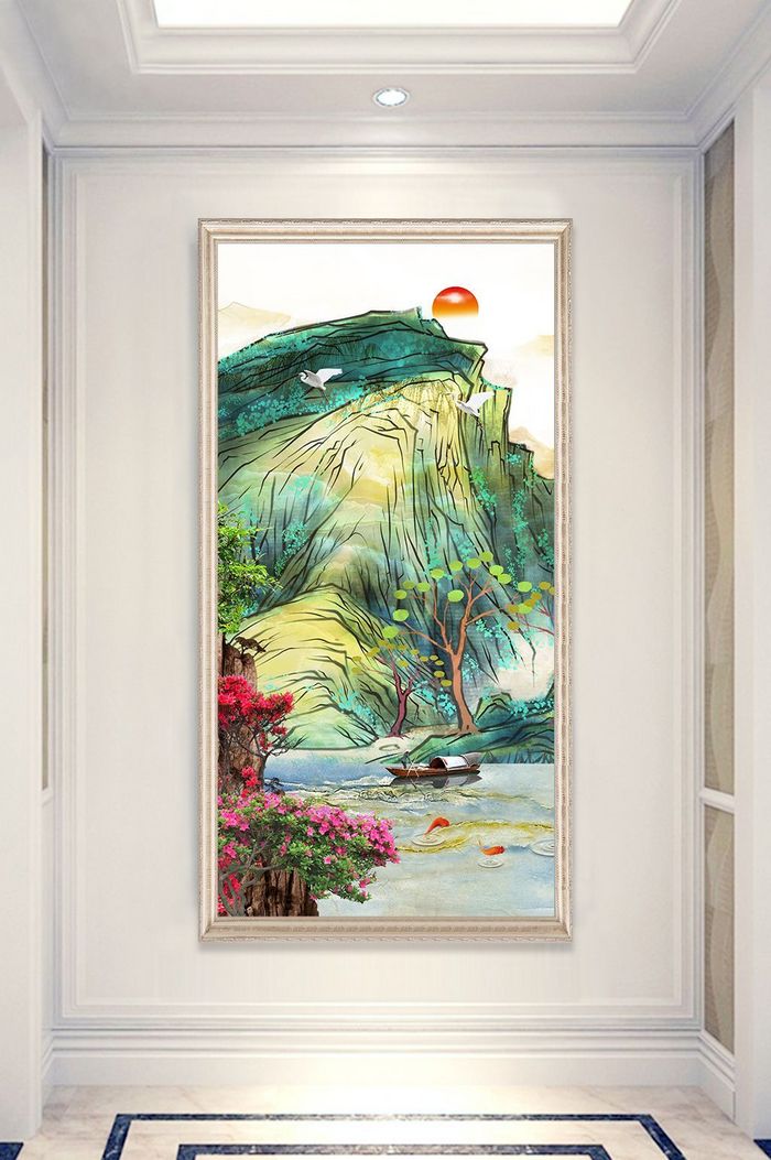 新中式山水瀑布风景玄关装饰画