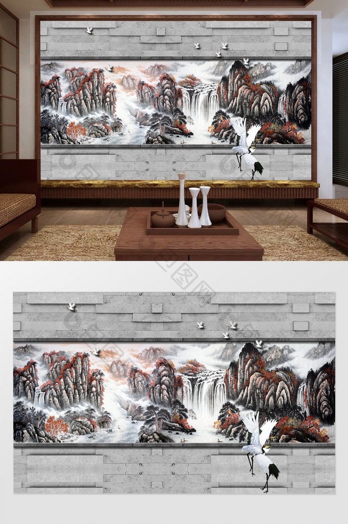 中式大气创意山水风景瀑布仙鹤鸟背景墙