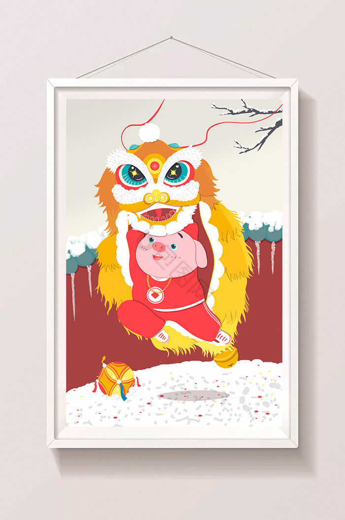 猪年小猪舞狮春节插画图片
