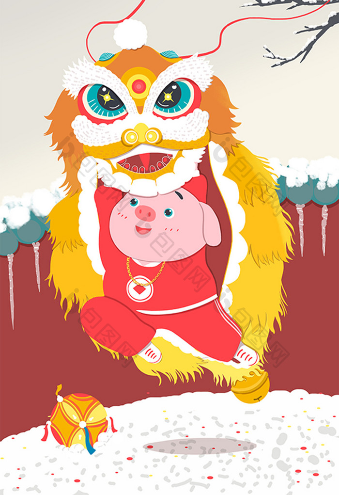红色喜庆中国风猪年小猪舞狮春节插画
