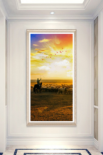现代草原牧羊草地风景客厅地产玄关装饰画图片