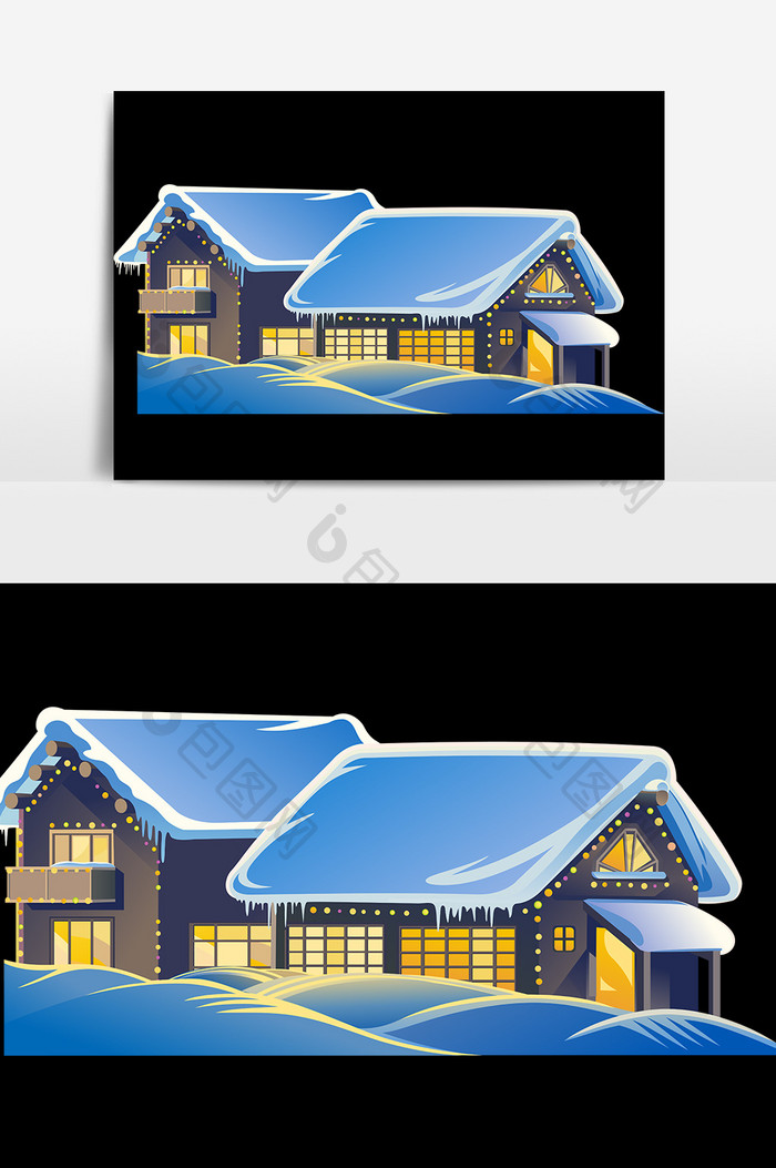 卡通冬季夜晚房屋设计元素