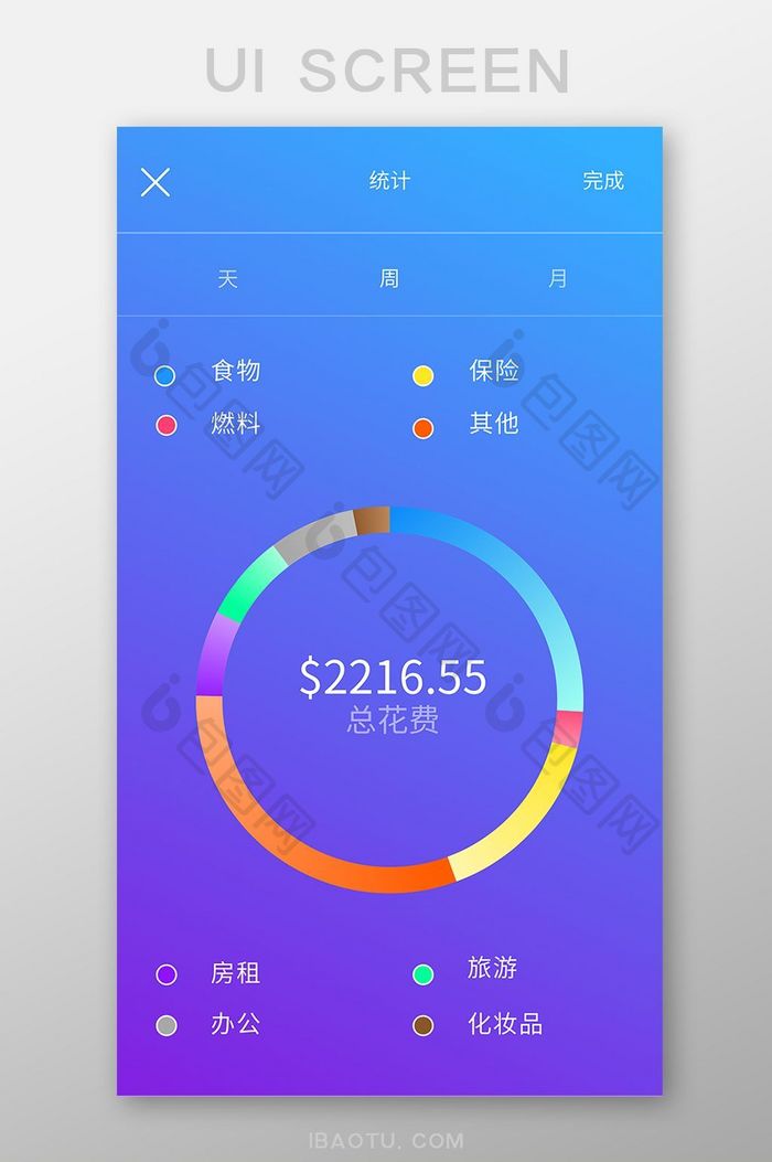蓝紫色渐变金融app消费统计ui移动界面
