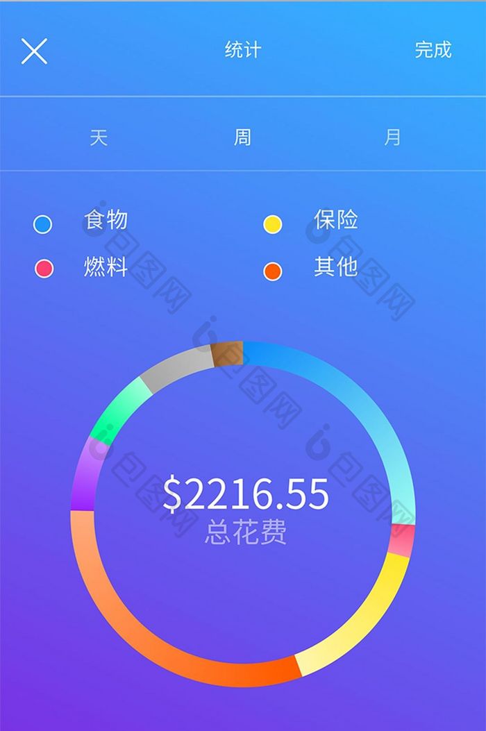 蓝紫色渐变金融app消费统计ui移动界面