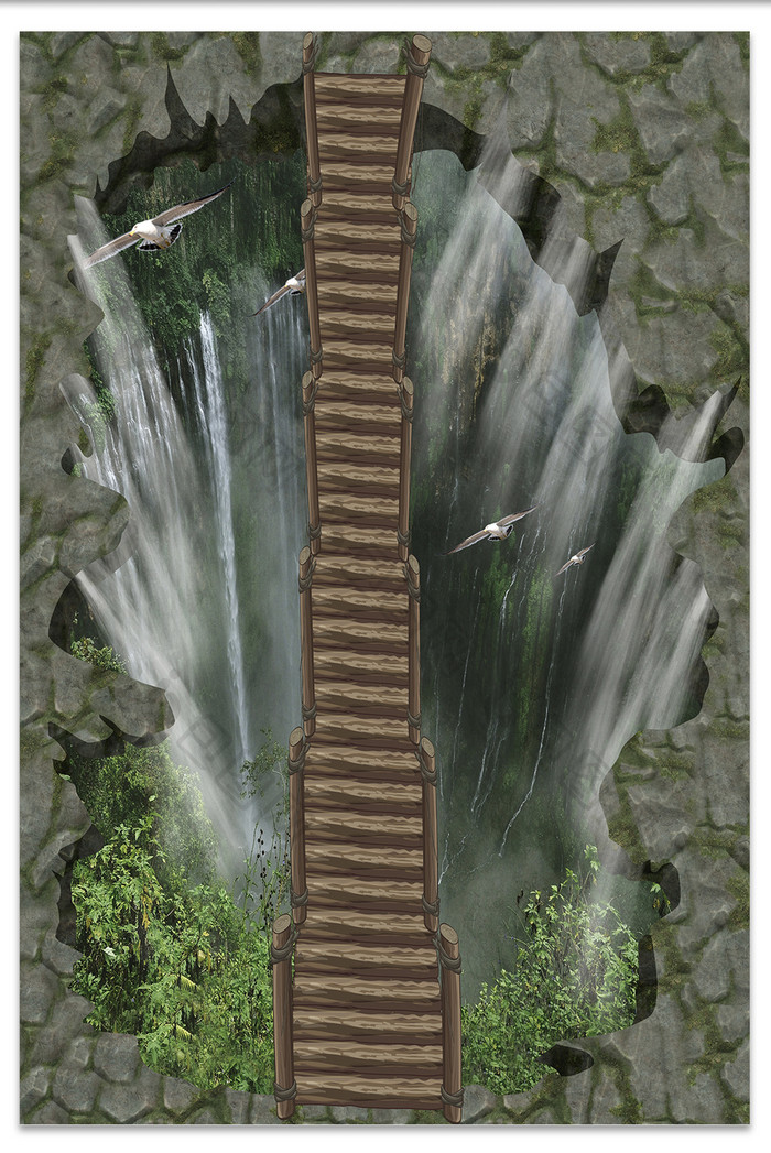 3D立体悬崖瀑布惊险地板画