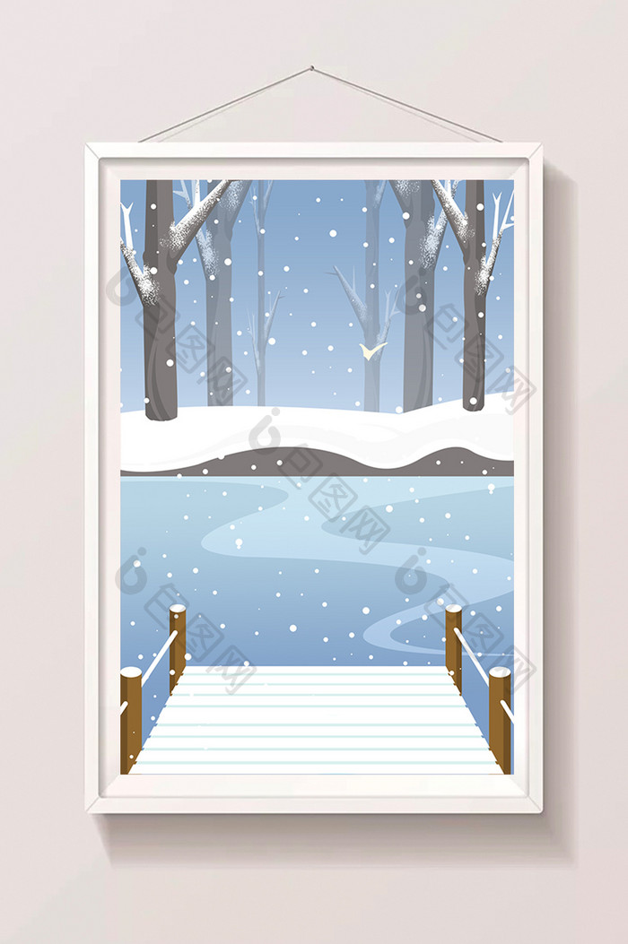 手绘冬天冰面旁的树林插画背景