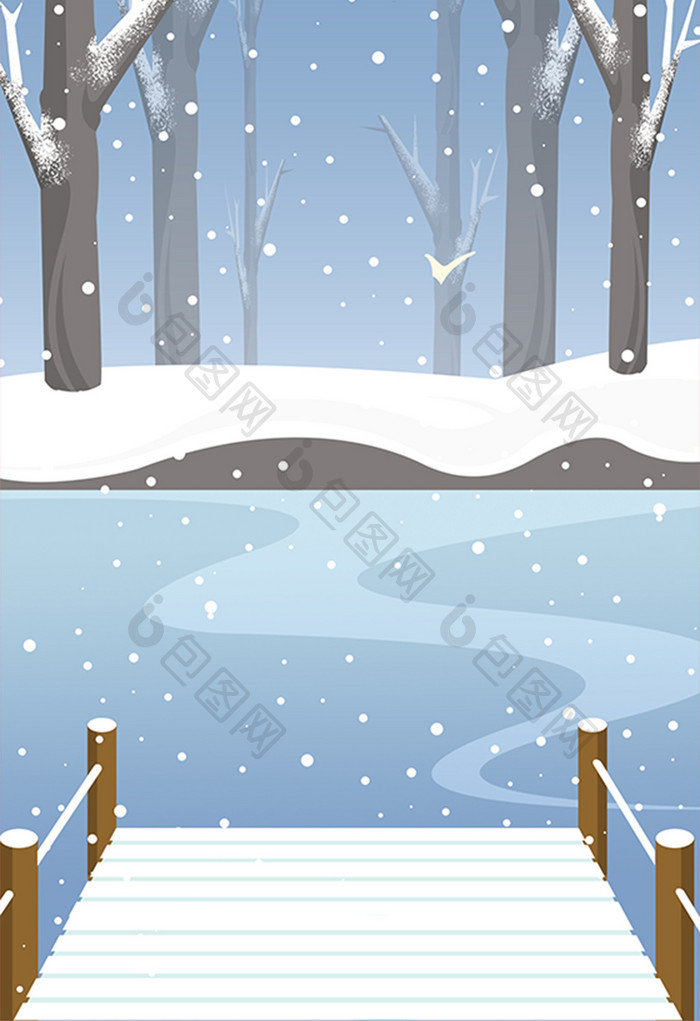 手绘冬天冰面旁的树林插画背景