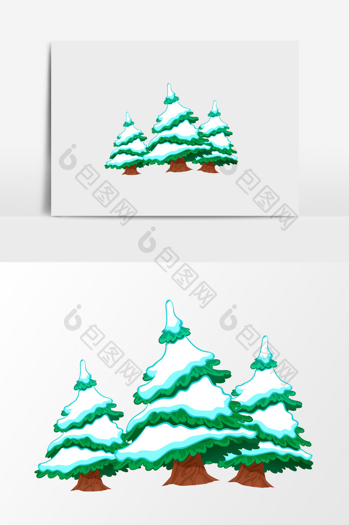 手绘三棵被雪覆盖的松树插画元素