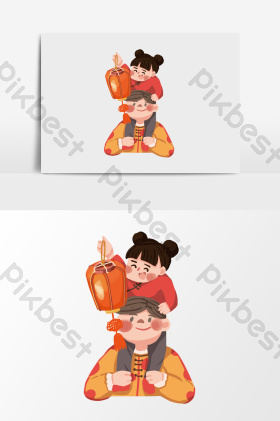 骑父亲大脖的拿灯笼女孩插画图片