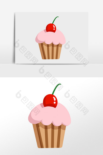 手绘樱桃粉色奶油纸杯蛋糕素材图片