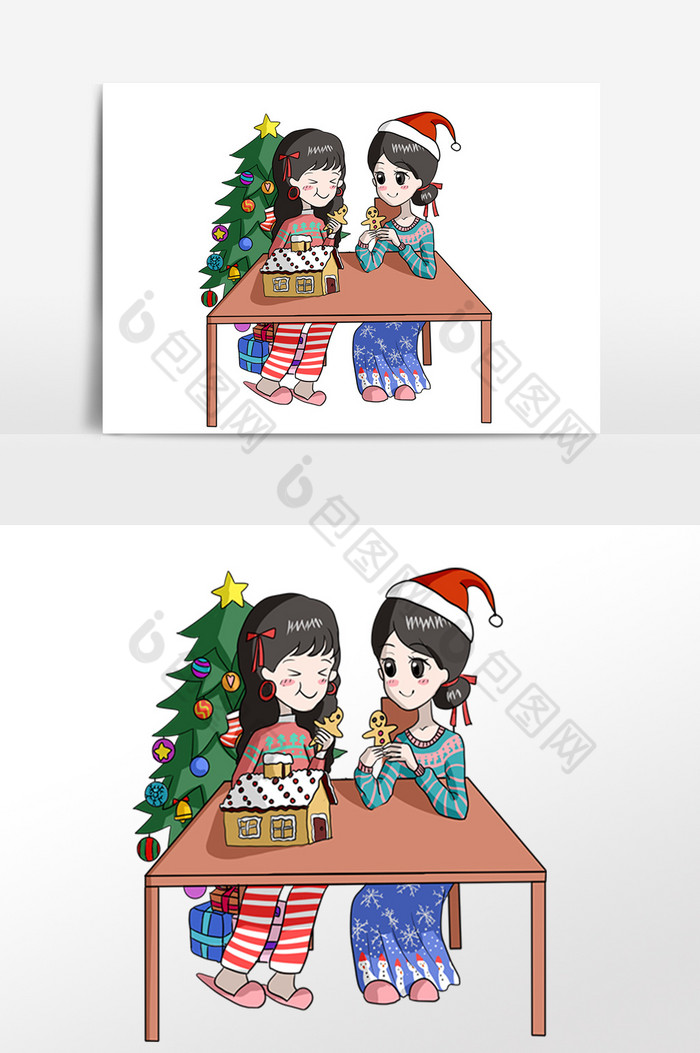 手绘吃圣诞小人饼干的小女孩素材