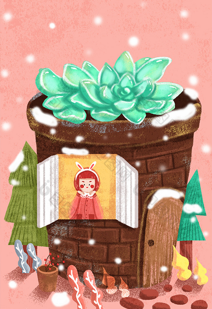 冬日节气大寒多肉植物花盆房子插画图片