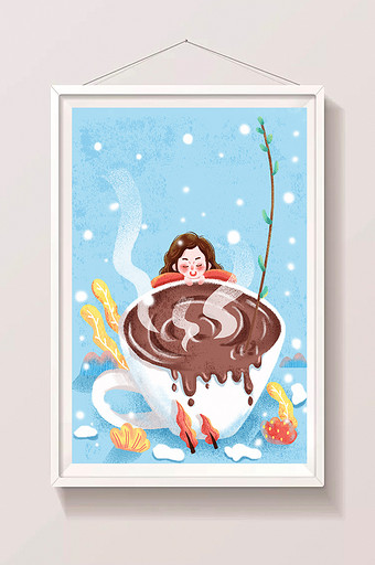 蓝色小清新冬日下雪热咖啡女孩插画海报图片