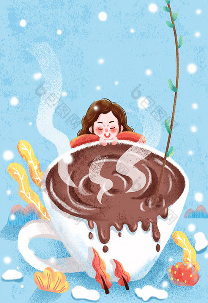 蓝色小清新冬日下雪热咖啡女孩插画海报
