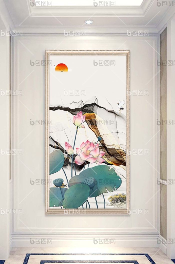 新中式水墨国画荷花玄关背景墙装饰画-新中式水墨国画荷花玄关背景墙装饰画效果图-【包图网】