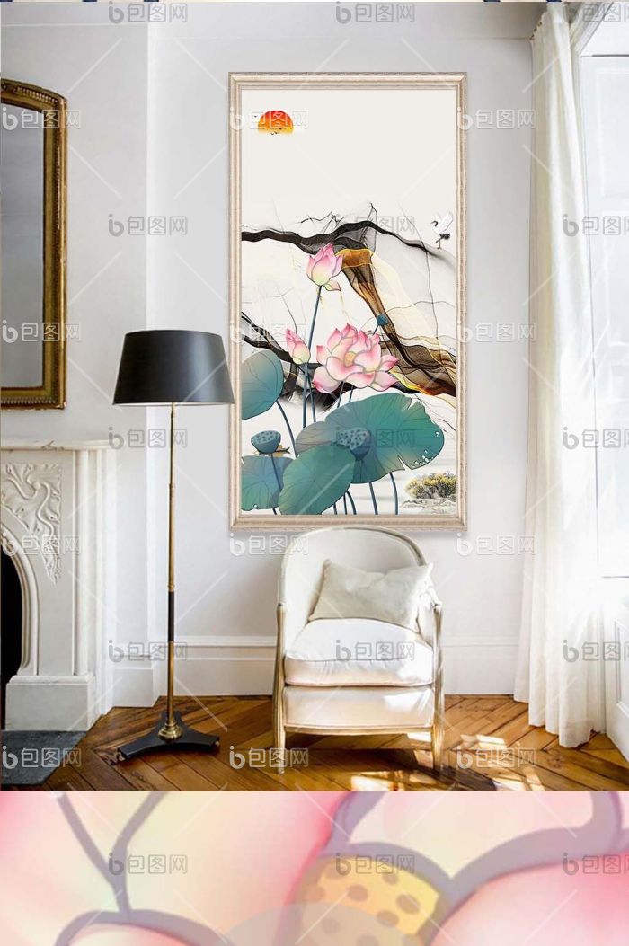新中式水墨国画荷花玄关背景墙装饰画-新中式水墨国画荷花玄关背景墙装饰画效果图-【包图网】