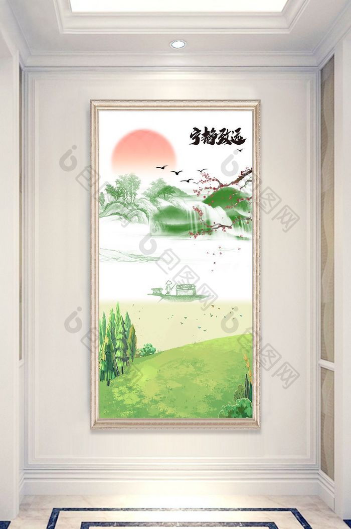 中式大气山水风景高山流水书法玄关背景画