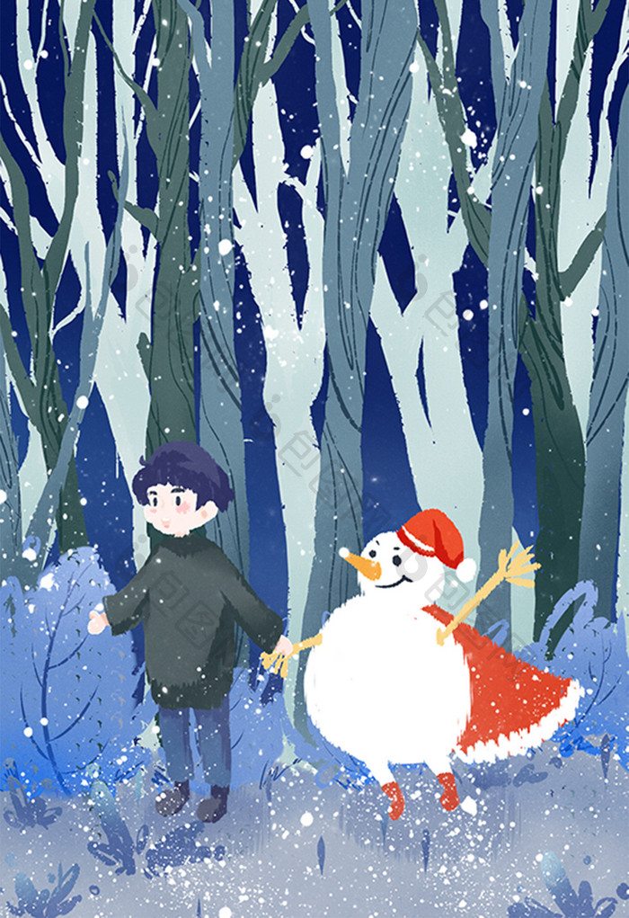 蓝色清新可爱冬天森林大寒节气插画