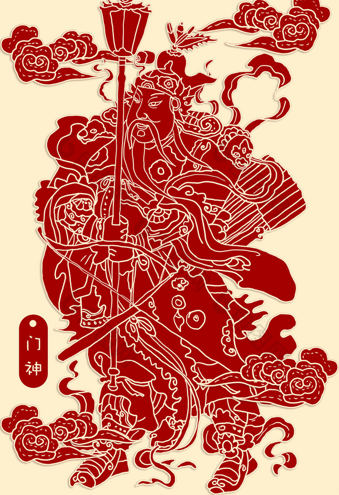 红色喜庆门神剪纸风插画