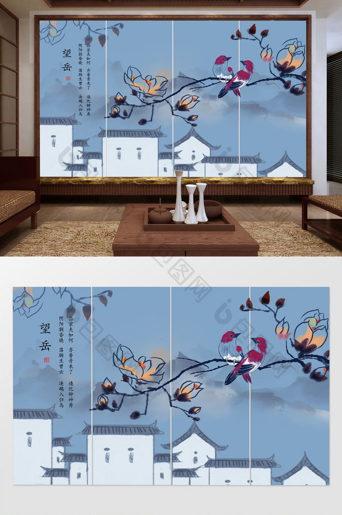 新中式水墨花鸟图客厅背景墙图片图片